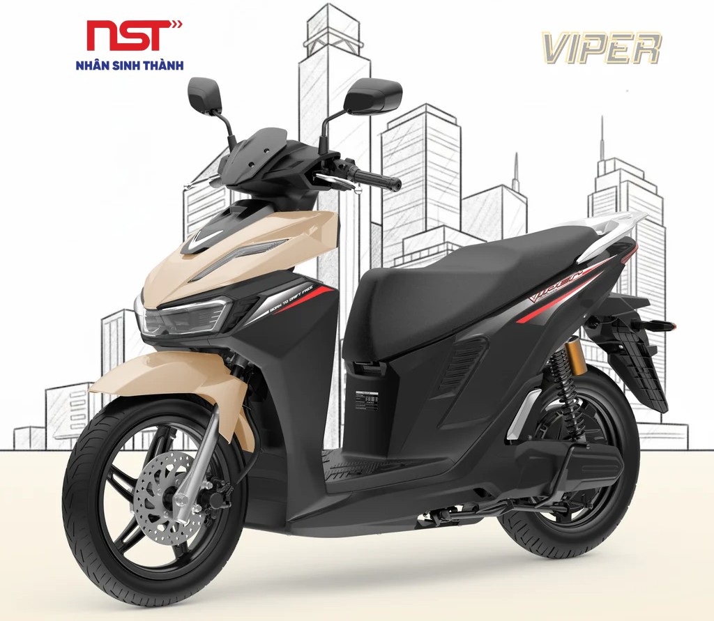 Xe máy điện VinFast Viper màu vàng cát trên nền đồ hoạ đô thị